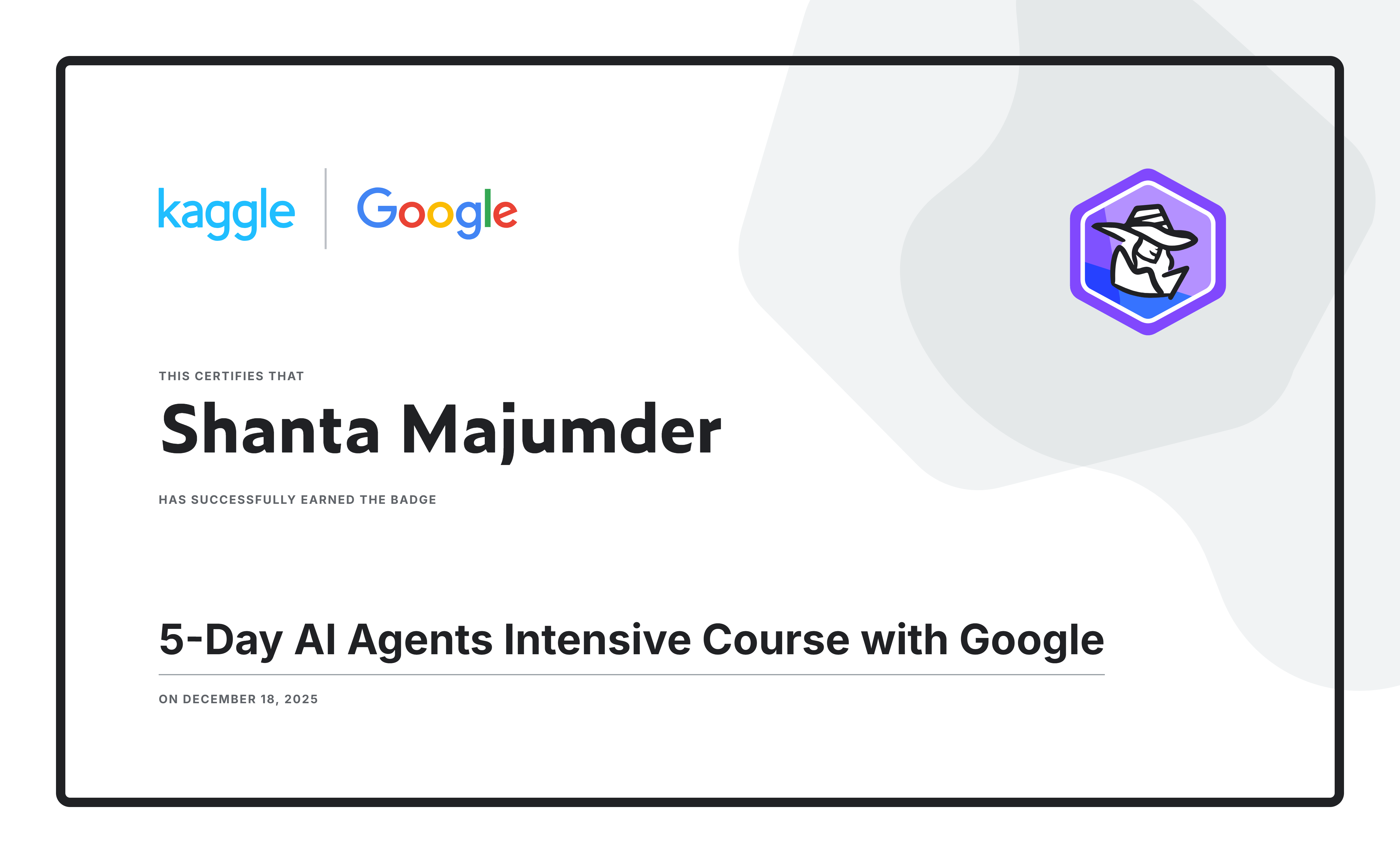 AI Agents Intensive Course Certificate from Kaggle and Google